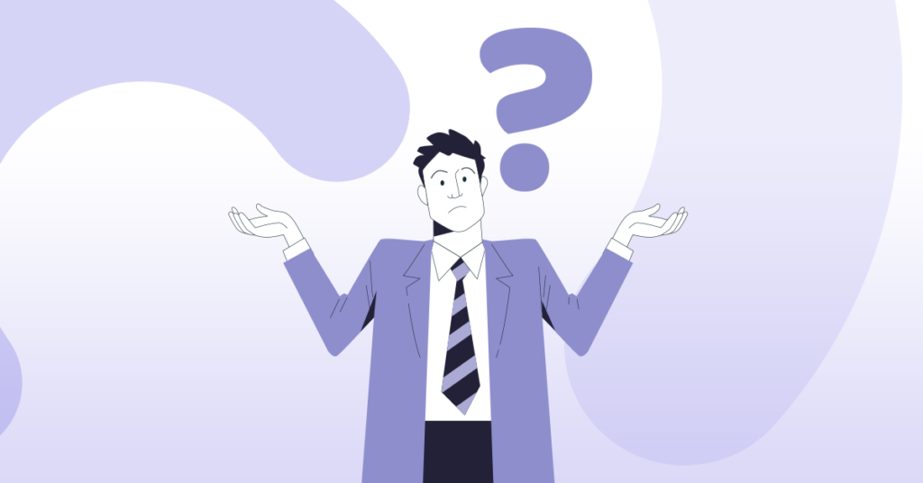 Ilustração de um homem de negócios com expressão confusa, vestindo terno e gravata, com as mãos levantadas e um ponto de interrogação grande acima da cabeça. O fundo é em tons de roxo e branco com formas abstratas.