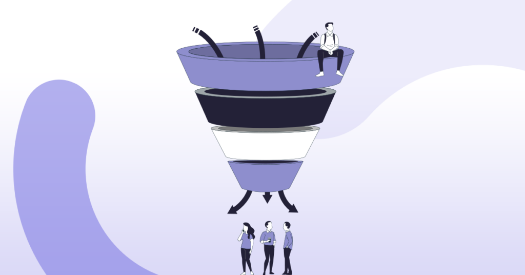 Ilustração de um funil de vendas em tons de roxo e branco. No topo do funil, um homem de negócios está sentado, observando. Na base do funil, há três pessoas de negócios conversando. O fundo é composto por formas abstratas em tons de roxo e branco.