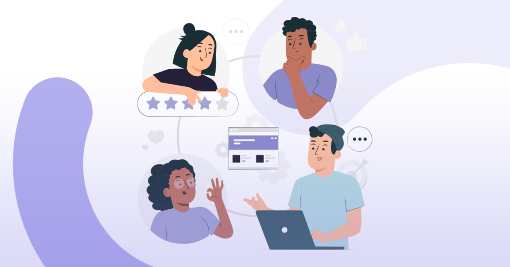 Três pessoas discutindo uma experiência de usuário em uma plataforma online, com uma mulher no canto superior esquerdo dando uma avaliação de cinco estrelas, um homem no canto superior direito parecendo preocupado, e uma mulher no canto inferior esquerdo gesticulando enquanto conversa com um homem no canto inferior direito, que está usando um laptop.