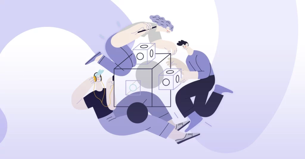 Ilustração de um grupo de pessoas colaborando em um ambiente digital com cubos interativos.