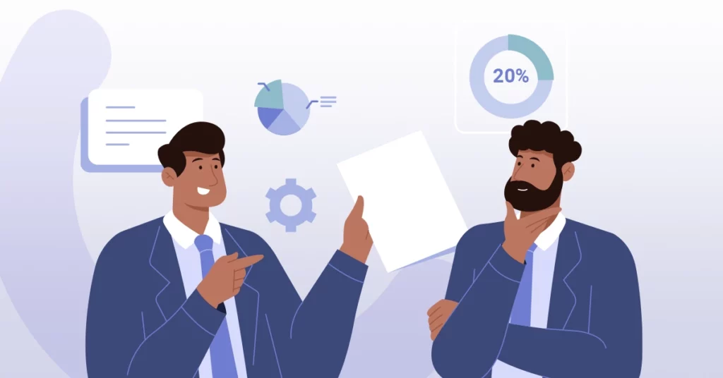 Ilustração de dois profissionais de negócios discutindo um relatório, com gráficos e diagramas ao fundo