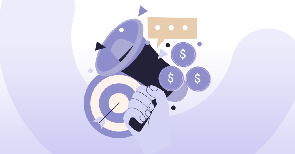 Ilustração de uma mão segurando um megafone com ícones de moedas de dólar ao lado, um alvo com uma flecha no centro e um balão de diálogo. A imagem representa conceitos de marketing, publicidade e alcance de metas financeiras.