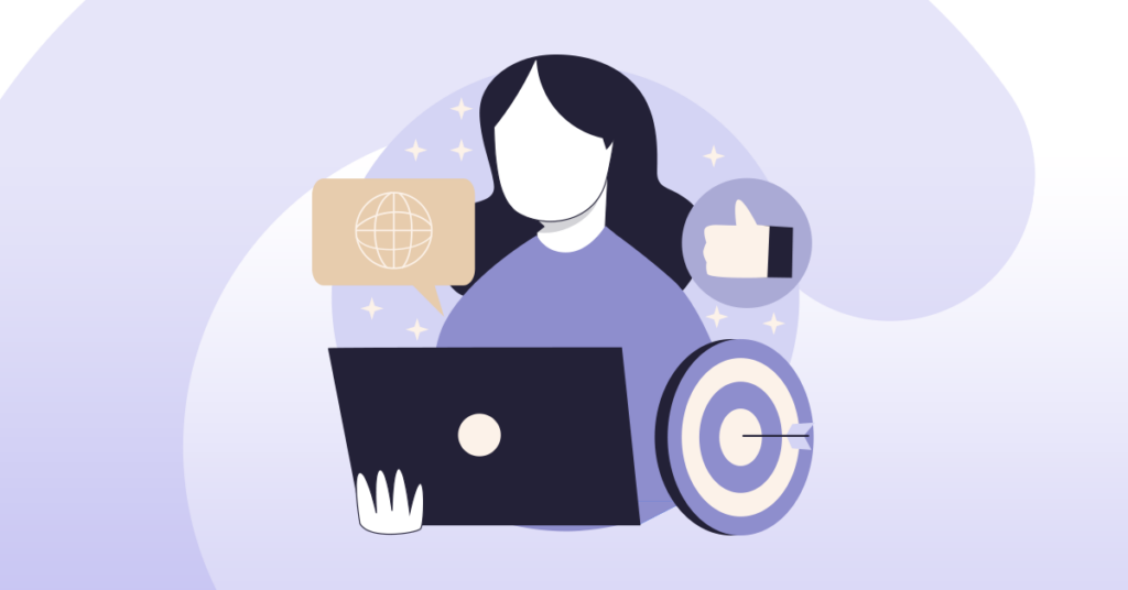 Ilustração de uma pessoa usando um laptop, com ícones de um globo terrestre, um sinal de "curtir" e um alvo com uma flecha no centro ao redor. A imagem simboliza trabalho online, aprovação em redes sociais e atingimento de objetivos.