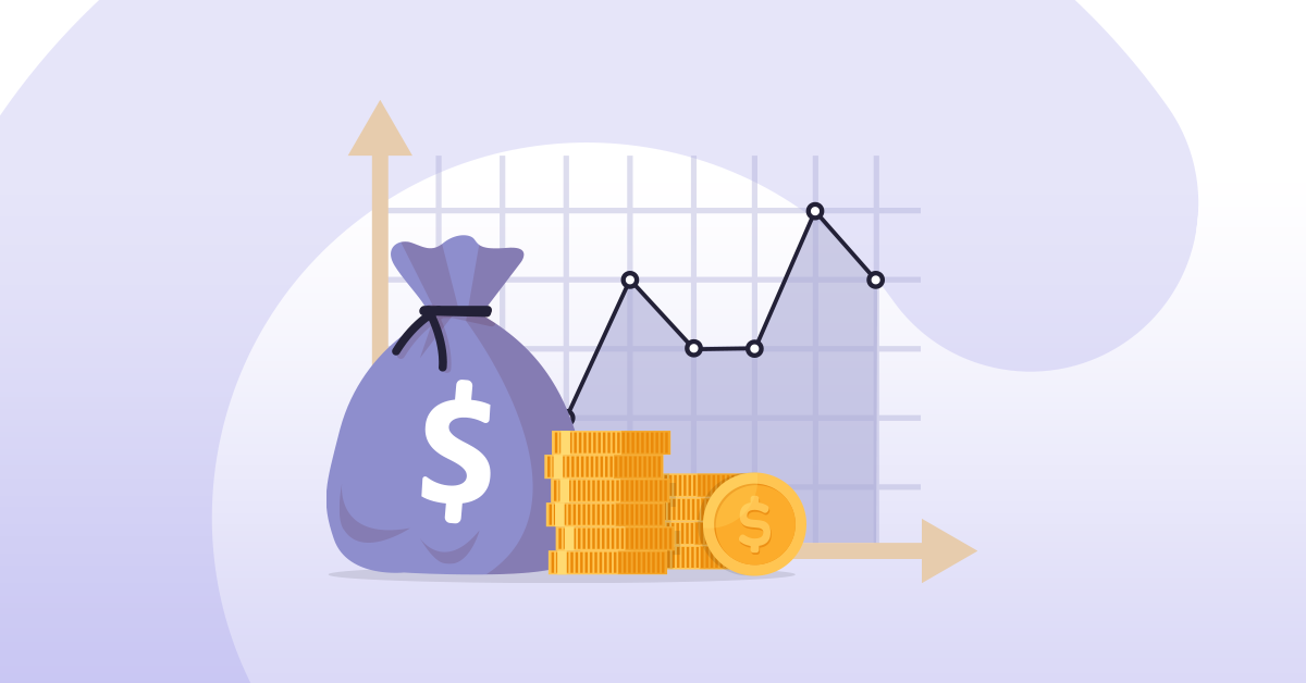 Ilustração de um gráfico, moedas e um saco de dinheiro
